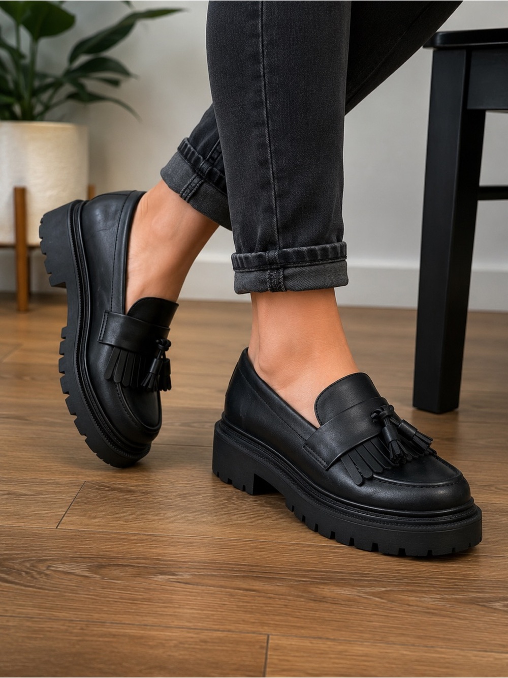 American Eagle Black Tassel Loafers Women’s Size 7 Chunky Lug Sole Platform
